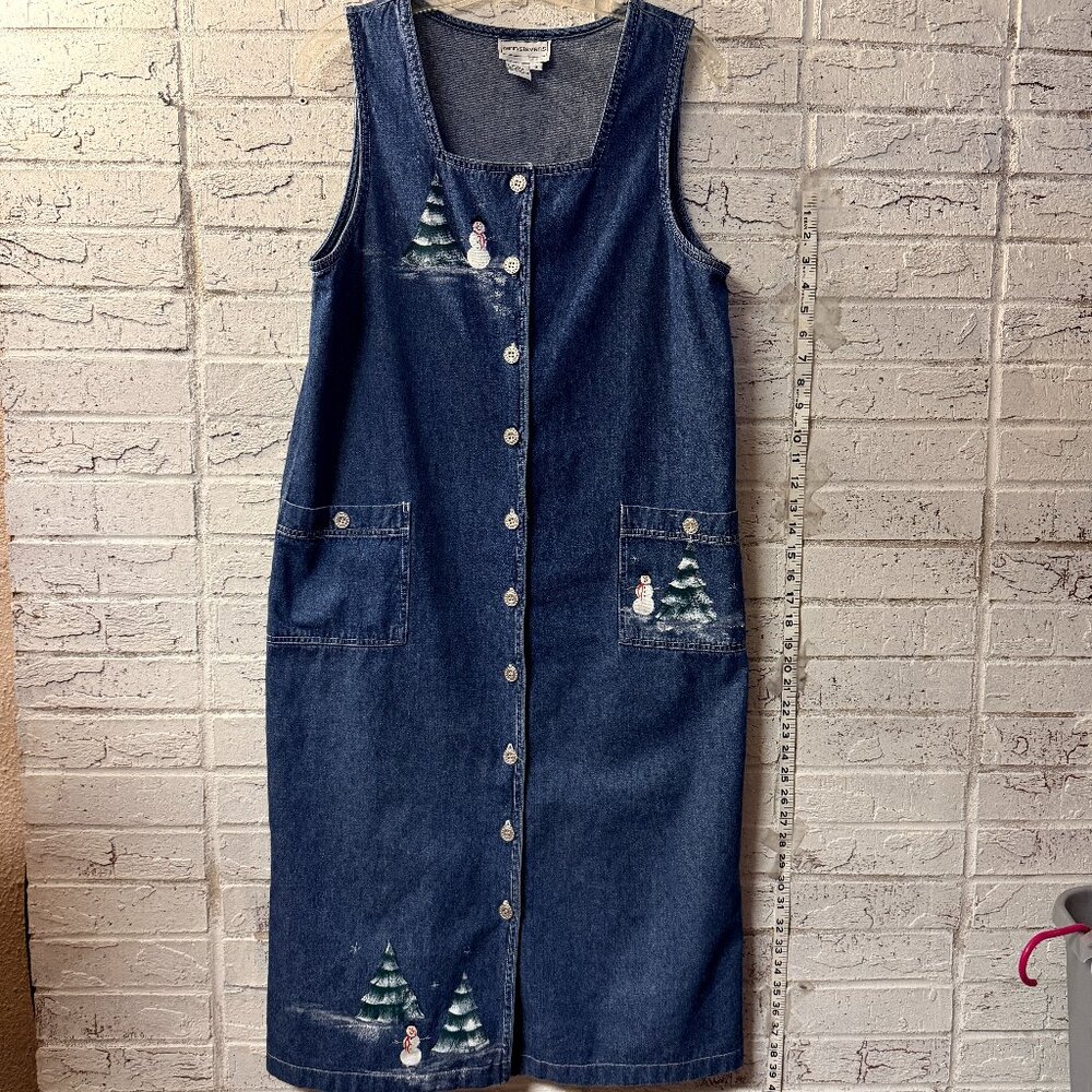 Karin Stevens Vintage Denim Jumper Dress – Snowman & Christmas Tree Print – 8